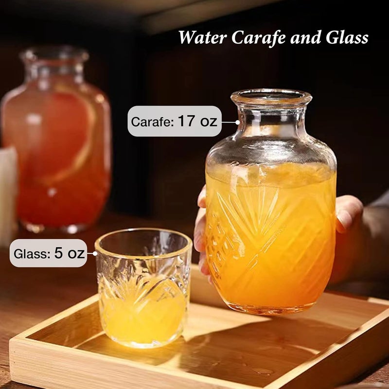 Mfacoy Bedside Water Carafe and Glass Set, 17 OZ Glasses Pitcher & 5 OZ Cup, Bedside Night Carafe Pitchers and Water Glass Tumbler Set, Vintage Glass Water Pitcher with Cup Set for Bedroom - Image 3