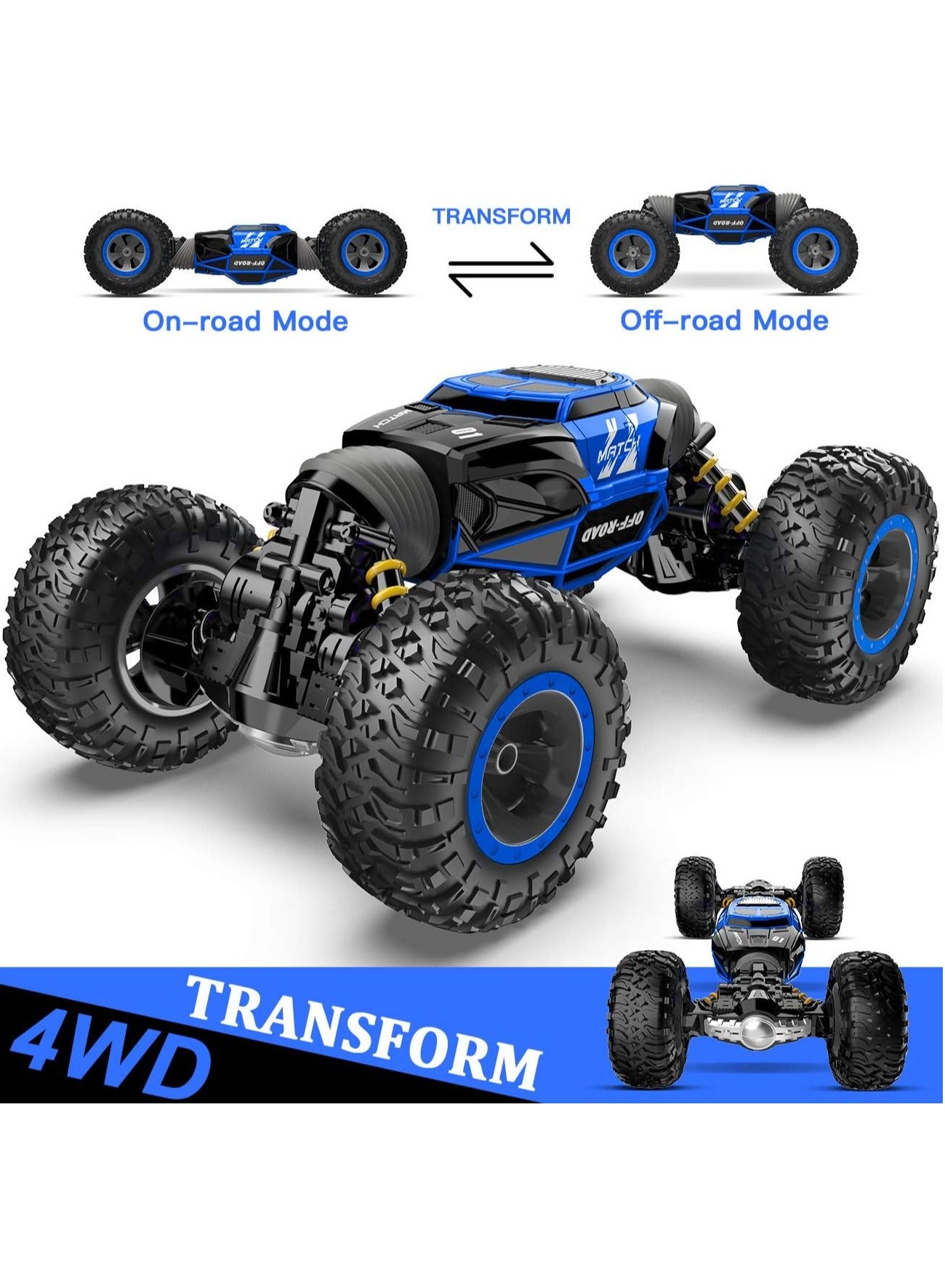 Remote Control Car 1:14 Scale – 4WD Transformable RC Stunt Car with Double-Sided Drive, Monster Truck Off-Road Vehicle, Waterproof All-Terrain RC Cars for Kids Boys Girls – Blue
