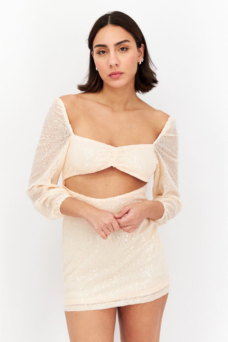 In the style Women Petite Textured Sequin Cut Out Mini Dress, Blush - Image 1