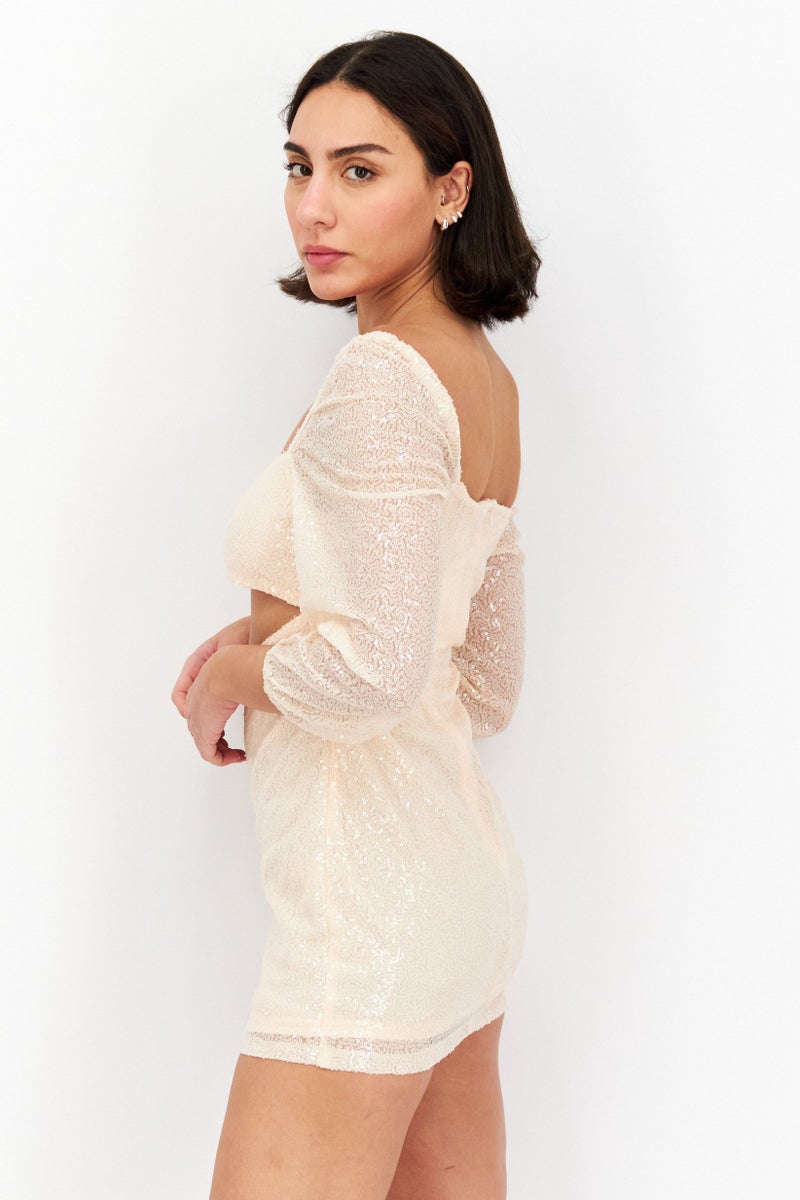 In the style Women Petite Textured Sequin Cut Out Mini Dress, Blush - Image 4