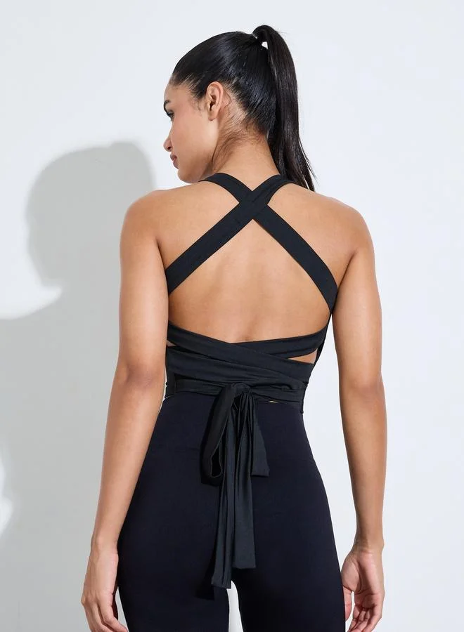 Styli Active  Black Solid Crossover Tie Longline Sports Bra for Women | Best Price UAE