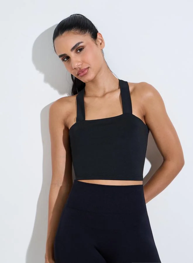 Styli Active Black Solid Crossover Tie Longline Sports Bra
