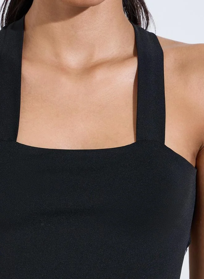 Styli Active  Black Solid Crossover Tie Longline Sports Bra for Women | Best Price UAE