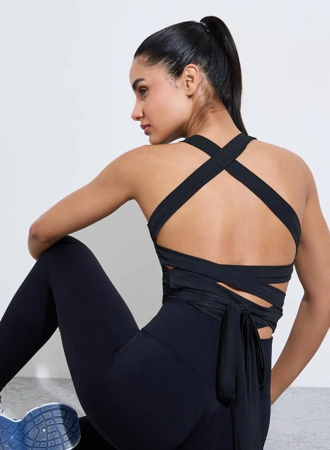 Styli Active  Black Solid Crossover Tie Longline Sports Bra for Women | Best Price UAE