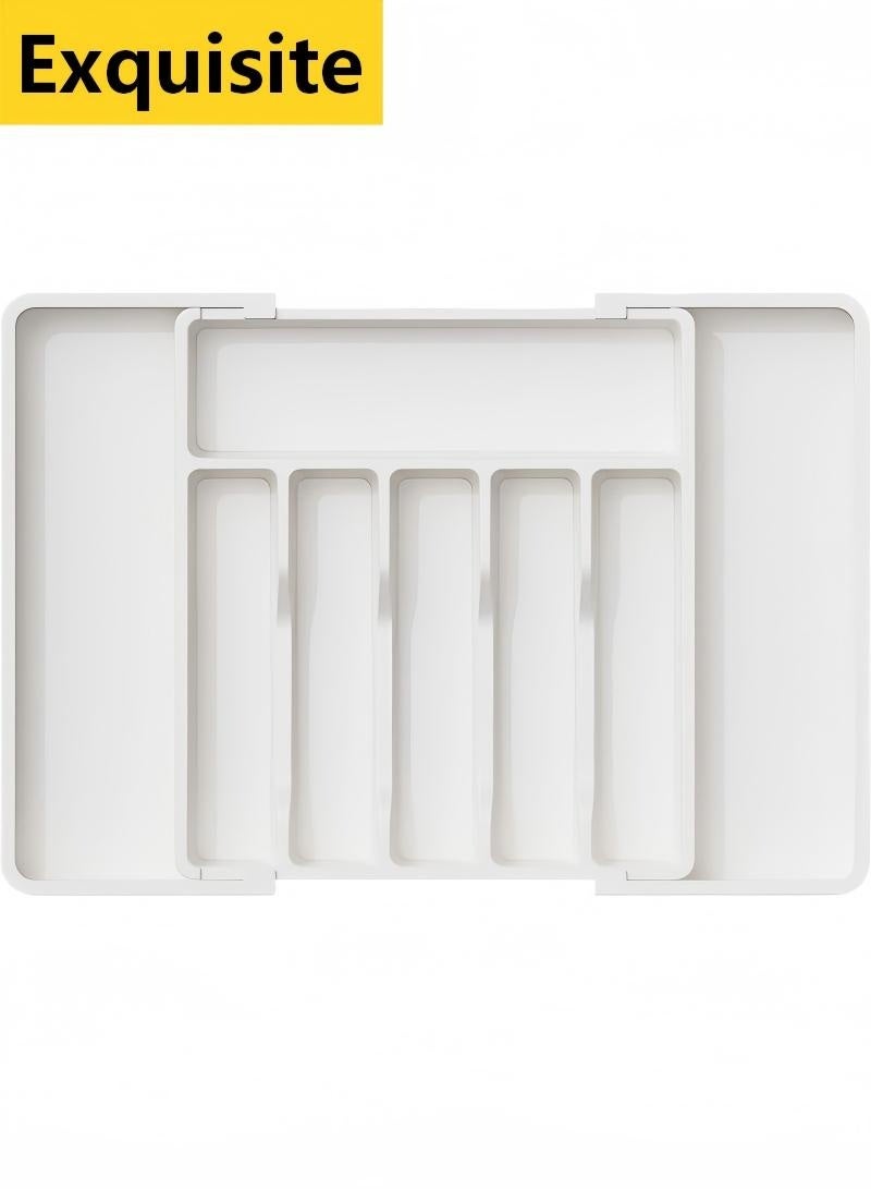 Exquisite Silverware Drawer Organizer, Expandable Utensil Tray for Kitchen, BPA Free Flatware and Cutlery Holder, Adjustable Plastic Storage for Spoons Forks Knives, Large, Stretch Out The Cutlery The Stowed Box Can Be Retracted Into Shape，White,33-57*38*5 CM - Image 1