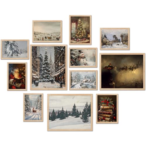 TwoDays Vintage Christmas Wall Art Moody Winter Xmas Aesthetic Poster for Room Decor Santa Reindeer Pine Tree Gallery Painting Artwork Prints Multi Sizes 8 X 10 Largest Set of 12 UNFRAMED - Image 1