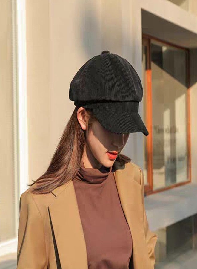 يوتوو قبعة رجالية ونسائية بتصميم كلاسيكي من 8 أجزاء من قماش الكوردروي، قبعة بائع جرائد بحافة، قبعة بيريه عتيقة الطراز من حقبة الألفية الثانية، قبعة رسام، لون أسود - Image 2