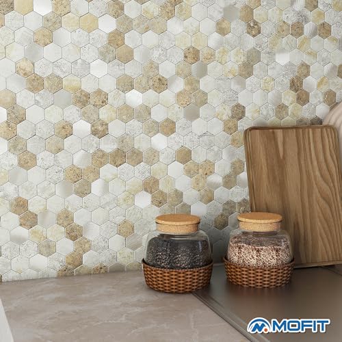 M MOFIT MOFIT Hexagon Peel and Stick Backsplash Tiles Kitchen,Self-Adhesive Metal and Marble Honeycomb Peel and Stick Wall Tiles Sticker Mosaic Heat Resistant(Castle Brown,5sheets) - Image 4