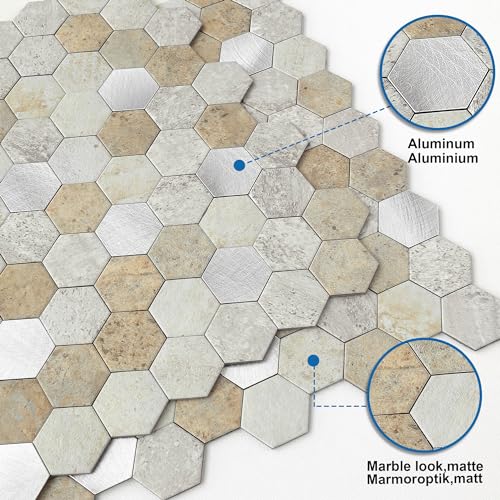 M MOFIT MOFIT Hexagon Peel and Stick Backsplash Tiles Kitchen,Self-Adhesive Metal and Marble Honeycomb Peel and Stick Wall Tiles Sticker Mosaic Heat Resistant(Castle Brown,5sheets) - Image 2