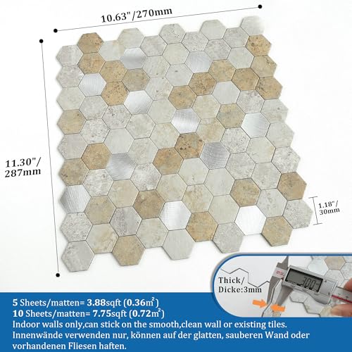 M MOFIT MOFIT Hexagon Peel and Stick Backsplash Tiles Kitchen,Self-Adhesive Metal and Marble Honeycomb Peel and Stick Wall Tiles Sticker Mosaic Heat Resistant(Castle Brown,5sheets) - Image 5