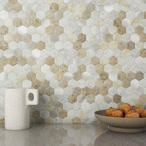 M MOFIT MOFIT Hexagon Peel and Stick Backsplash Tiles Kitchen,Self-Adhesive Metal and Marble Honeycomb Peel and Stick Wall Tiles Sticker Mosaic Heat Resistant(Castle Brown,5sheets) - Image 1