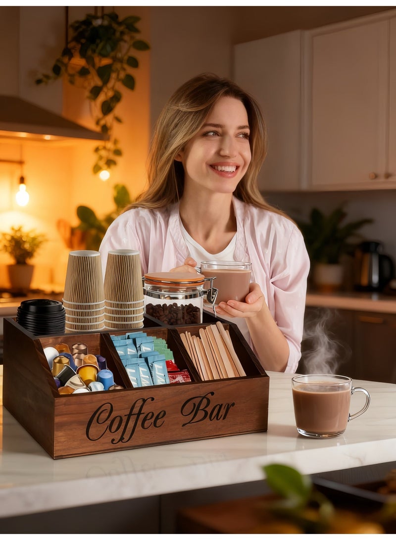 BS Coffee Station Organizer for Counter, Wood Coffee Pods Holder Storage Basket, Tea Condiment Storage Organizer, Rustic Coffee Bar Decor for Accessories - Image 3