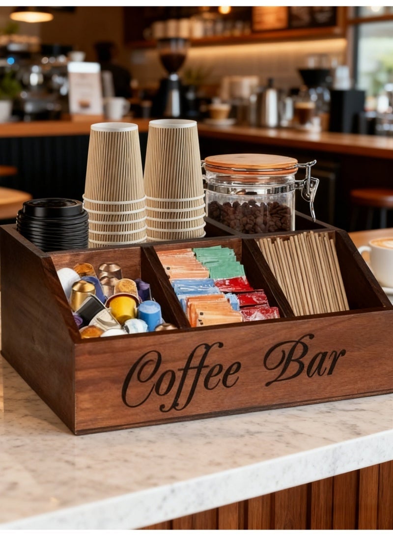 BS Coffee Station Organizer for Counter, Wood Coffee Pods Holder Storage Basket, Tea Condiment Storage Organizer, Rustic Coffee Bar Decor for Accessories - Image 5