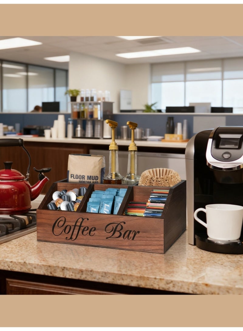 BS Coffee Station Organizer for Counter, Wood Coffee Pods Holder Storage Basket, Tea Condiment Storage Organizer, Rustic Coffee Bar Decor for Accessories - Image 4
