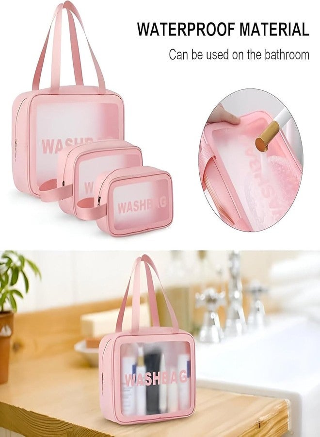 3-Pack Pink Travel Toiletry Bags - Transparent Window Washbag Organizer Set with Handles - Image 4