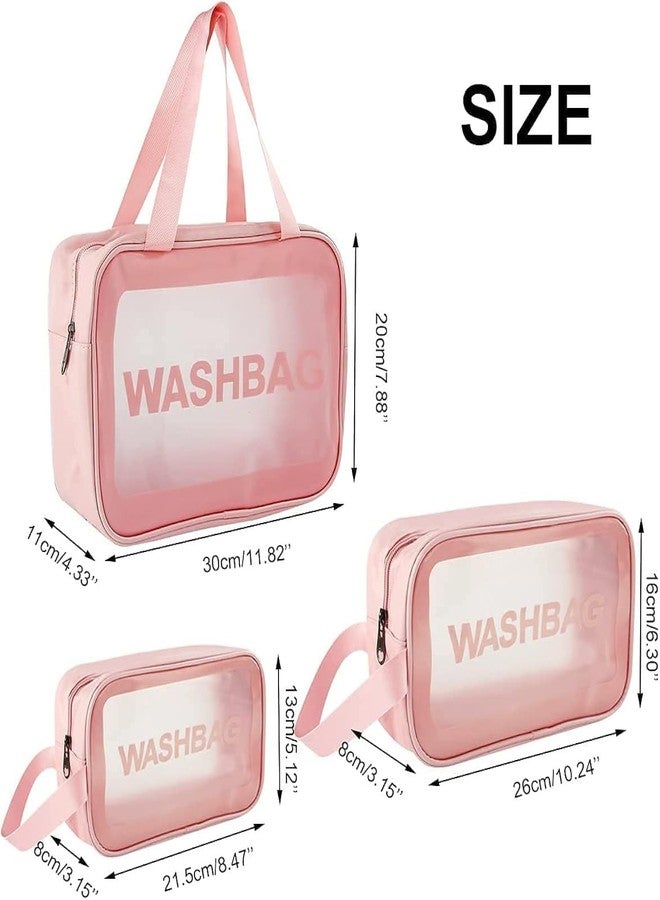 3-Pack Pink Travel Toiletry Bags - Transparent Window Washbag Organizer Set with Handles - Image 2