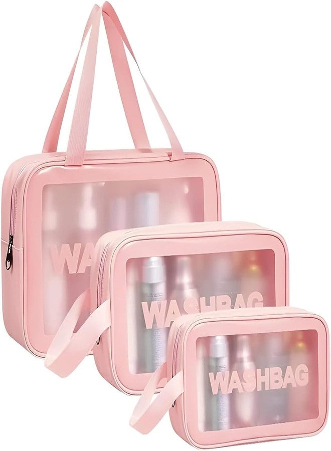 3-Pack Pink Travel Toiletry Bags - Transparent Window Washbag Organizer Set with Handles - Image 1