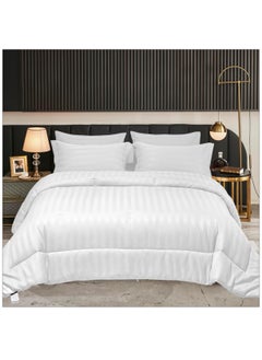 Bedding Comforter Set 6-Piece Double Size Hotel Style With Stripes And Super Soft Down Alternative Fillling White 240x260 cm