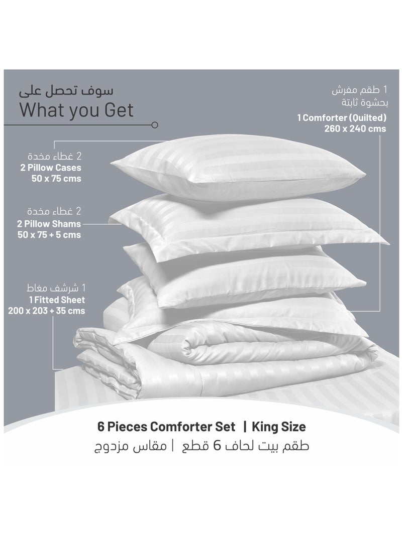Donetella - Bedding Comforter Set 6-Piece Double Size Hotel Style With Stripes And Super Soft Down Alternative Fillling White 240x260 cm - Image 1