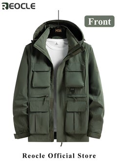 REOCLE Men's Jacket Military Softshell Waterproof Jackets Lightweight Full Zip Hooded Outdoor Workwear Jackets With Multi Pockets & Fashion Leather Label  - Image 2