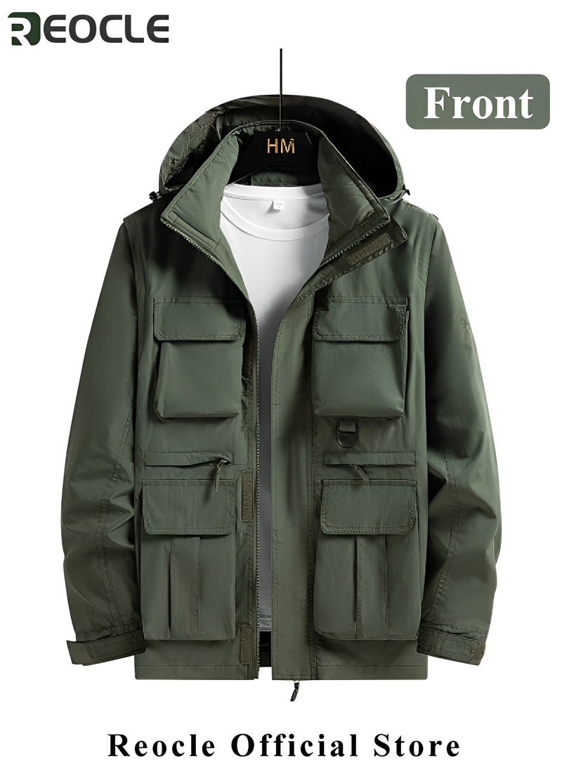 REOCLE Men's Jacket Military Softshell Waterproof Jackets Lightweight Full Zip Hooded Outdoor Workwear Jackets With Multi Pockets & Fashion Leather Label  - Image 2