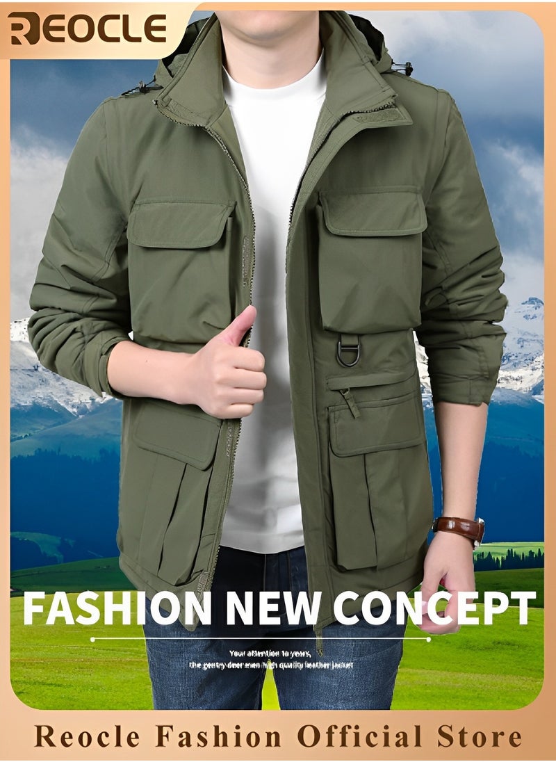 REOCLE Men's Jacket Military Softshell Waterproof Jackets Lightweight Full Zip Hooded Outdoor Workwear Jackets With Multi Pockets & Fashion Leather Label  - Image 1