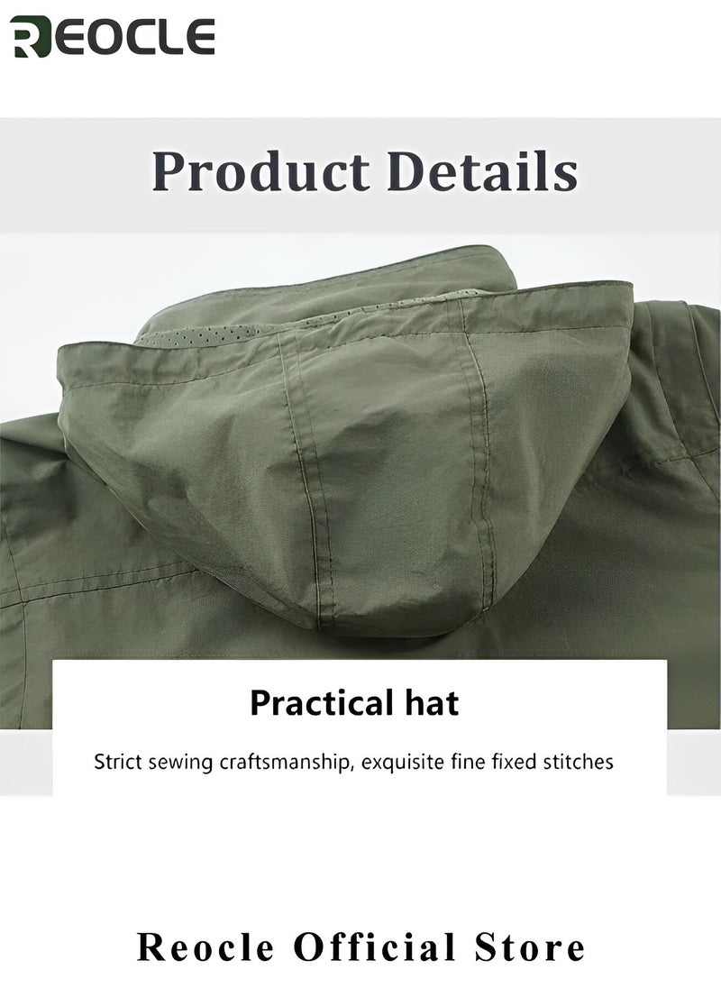 REOCLE Men's Jacket Military Softshell Waterproof Jackets Lightweight Full Zip Hooded Outdoor Workwear Jackets With Multi Pockets & Fashion Leather Label  - Image 5