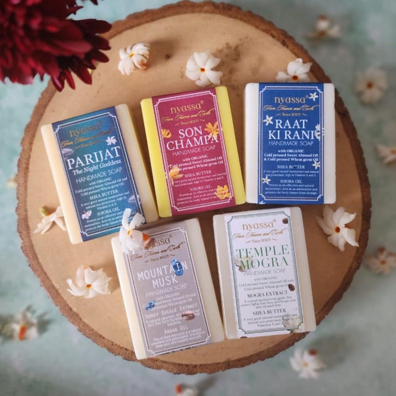 Nyassa Floral Collection Combo pack 75gmx5 Soaps Parijat Night Blooming Jasmine  Son Champa  Temple Mogra  Raat Ki Rani  Mountain Musk Handmade soap 75 g Each - Image 2