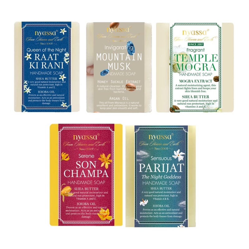 Nyassa Floral Collection Combo pack 75gmx5 Soaps Parijat Night Blooming Jasmine  Son Champa  Temple Mogra  Raat Ki Rani  Mountain Musk Handmade soap 75 g Each - Image 1