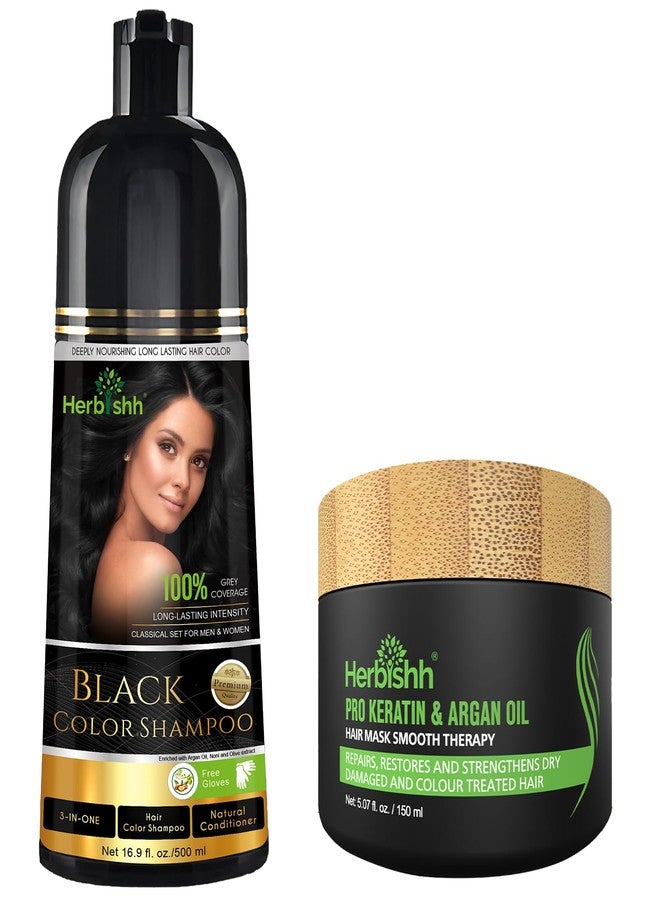 Herbishh Hair Color Shampoo for Grey Hair 500ml (Black) + Argan Hair Mask for Dry or Damaged Hair | Hair Dye | Cover Grey Hair for Men and Women - Image 1