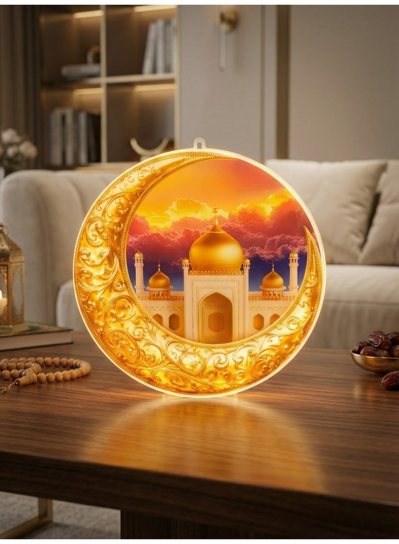 Elegant Islamic Wall Hanging LED Decoration | Ramadan & Eid Mubarak Crescent Mosque Art Plate | Festive Home Decor - Image 2