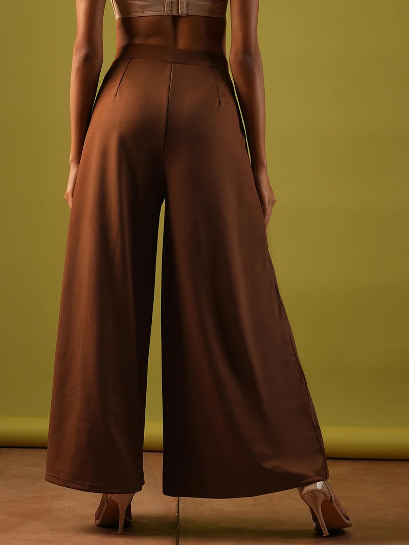 globus Women Solid Stretchable Mid-Rise Pleated Flared Wide Leg Workwear Treggings