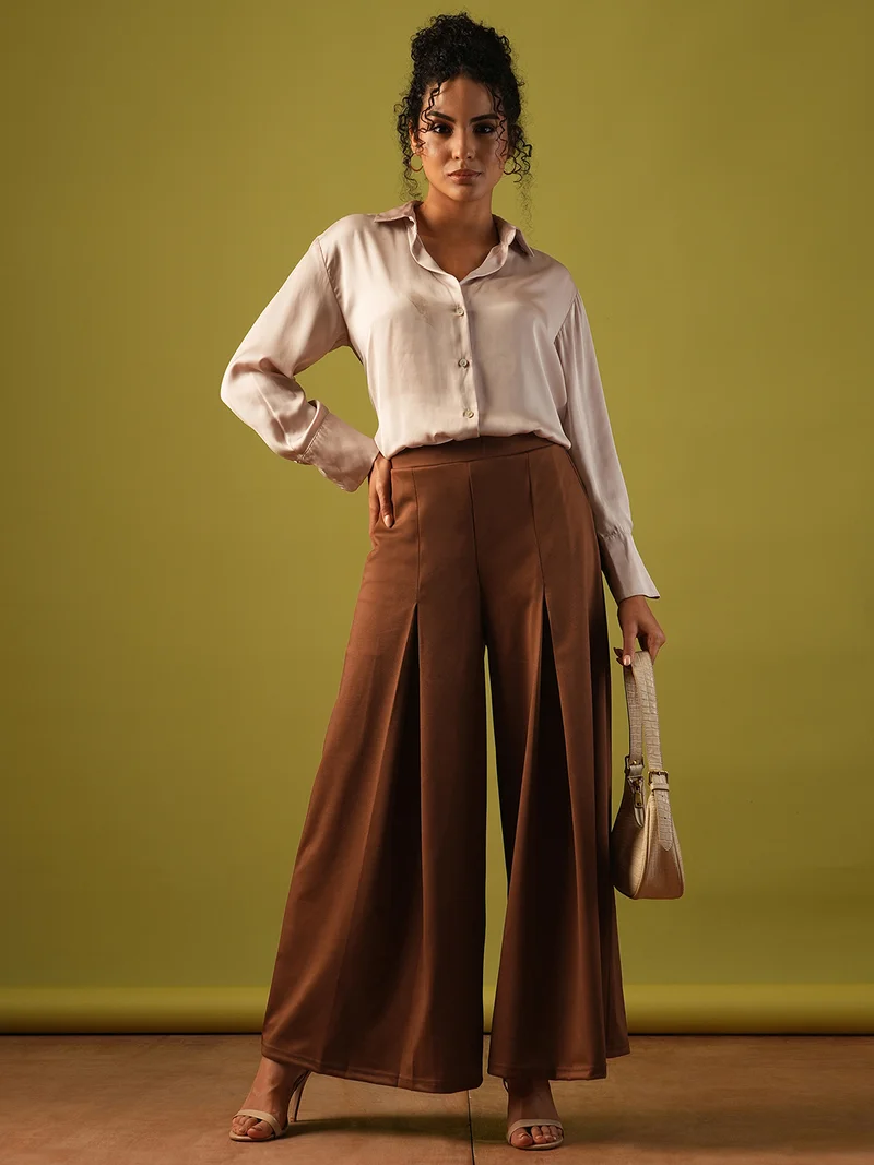 globus Women Solid Stretchable Mid-Rise Pleated Flared Wide Leg Workwear Treggings