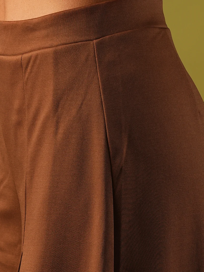 globus Women Solid Stretchable Mid-Rise Pleated Flared Wide Leg Workwear Treggings