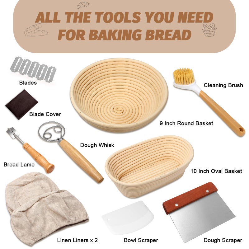 EWFEN Sourdough Proofing Basket Gift Set, 9" Round and 10" Oval Banneton Bread Baking Supplies, Sourdough Baskets with Bread Lame, Danish Whish, Bowl Scraper, Sourdough Scraper, and Linen Liner - Image 5