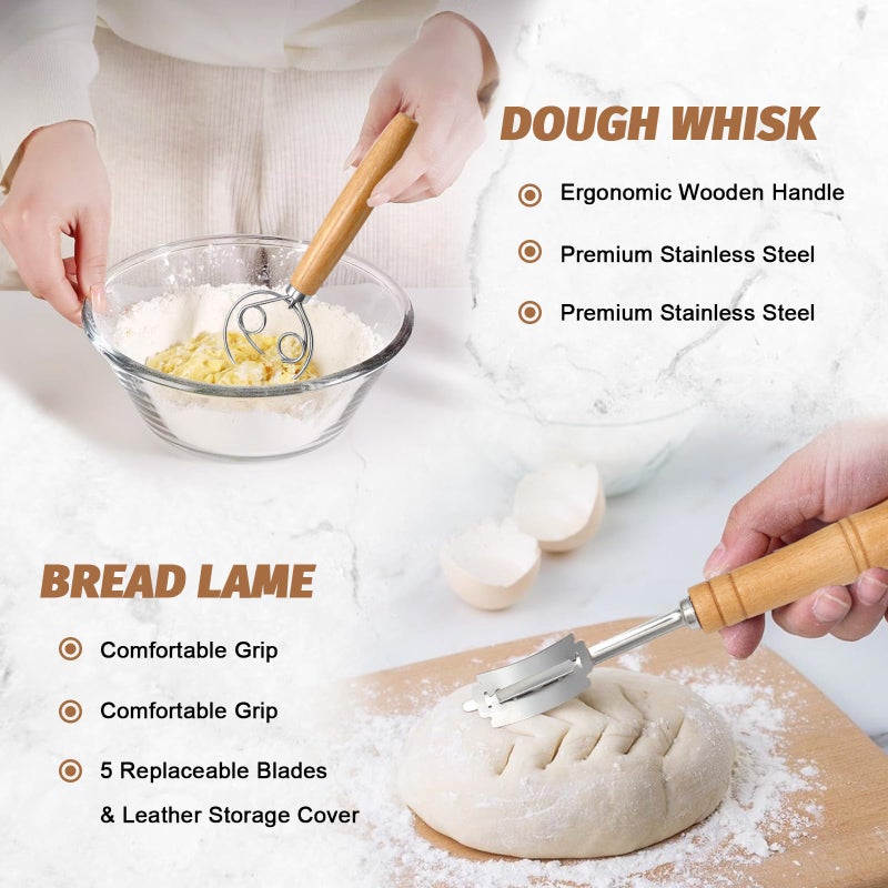 EWFEN Sourdough Proofing Basket Gift Set, 9" Round and 10" Oval Banneton Bread Baking Supplies, Sourdough Baskets with Bread Lame, Danish Whish, Bowl Scraper, Sourdough Scraper, and Linen Liner - Image 3