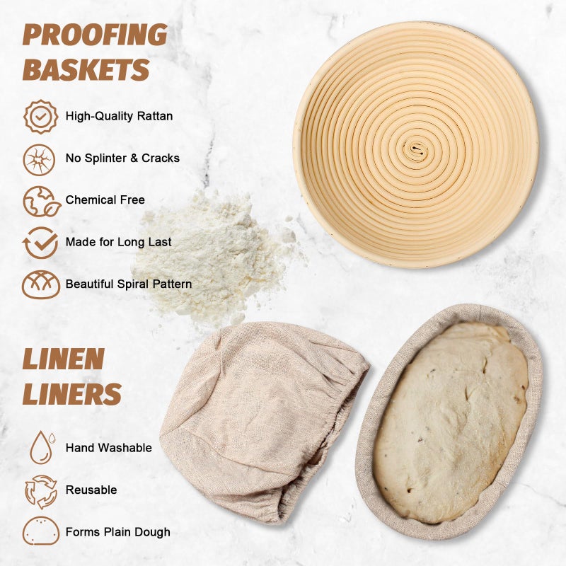 EWFEN Sourdough Proofing Basket Gift Set, 9" Round and 10" Oval Banneton Bread Baking Supplies, Sourdough Baskets with Bread Lame, Danish Whish, Bowl Scraper, Sourdough Scraper, and Linen Liner - Image 2