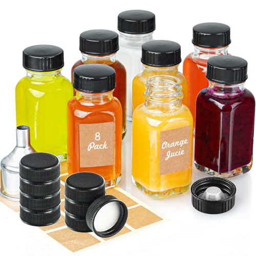 Syntic Clear Reusable Ginger Shot Bottles with Caps - 8 Pack 2 oz Small Square Glass Jars with 8 Sealed Conical Inner Caps & 8 Airtight Lids, Wide Mouth Juice bottles for Fridge, Extra Sticker, Funnel - Image 1