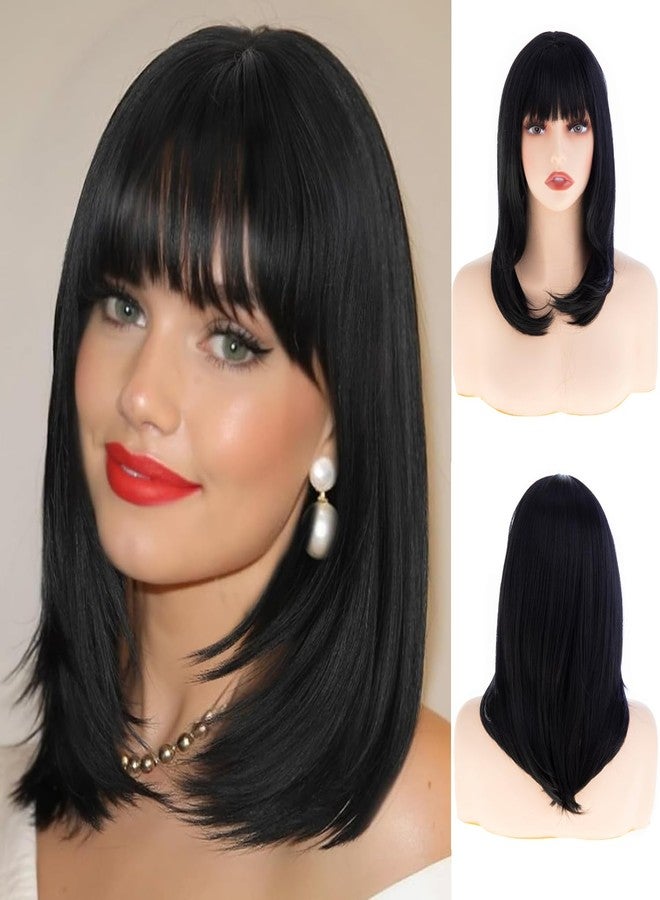 Dsimeig Medium Long Black Wigs for Women Straight Bangs Wig,Synthetic Hair for Daily Party Use - Image 1