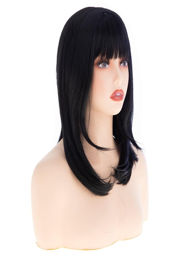Dsimeig Medium Long Black Wigs for Women Straight Bangs Wig,Synthetic Hair for Daily Party Use - Image 4