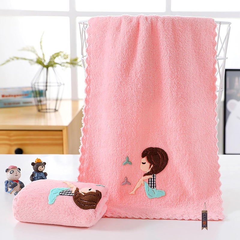 CLUZE CLUZE Microfiber Wash Towels Quick Absorbent Soft Coral Fleece Kids Handkerchief Face Towel for Girls Cute Doll Embroidered Hanky Baby Shower Gift 35x75 cm Pink