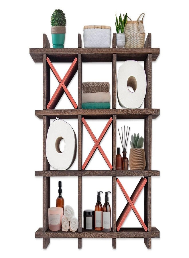 Comfify Rustic Tic-Tac-Toe Toilet Paper Holder for Bathroom - Rustic Storage Shelves for Toilet Tissue in Torched Brown Color - Freestanding or Wall Mount Bath Shelves for Your Farmhouse Decor - Image 1