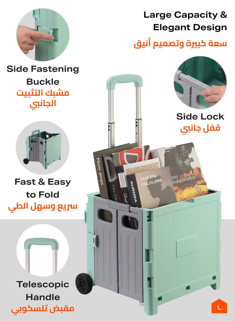 LAWAZIM Foldable Shopping Cart with Two Wheels 38x34x32.5cm – Collapsible Rolling Utility Cart with Lock, Telescopic Handle, Noiseless Wheels, and Lid - for Grocery, Office, Travel, and Home Storage  - Image 4