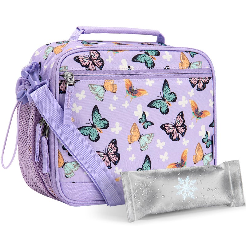 Choco Mocha Butterfly Lunch Box Kids Lunch Box for Girls Lunch Boxes for School Lunch Bag ice packs with Shoulder Strap for Toddler Preschool Kindergarten Purple