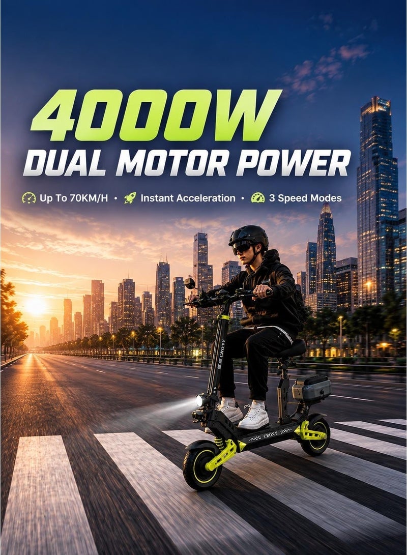 CRONY D2 Dual Motor High-Speed Electric Scooter with Seat, 4000W Peak Power, 48V 18.2Ah Battery, Up to 70KM/H, 3 Speed Modes, Dual Suspension, APP Control, RGB Ambient Lights, Rear Storage Box, Phone Holder, Rearview Mirrors, Dual Drive, Foldable Adult E-Scooter for City Commuting, Off-Road Riding & Long Distance Travel,D2 Dual Motor High speed E-Scooter with APP+Seat - Image 2