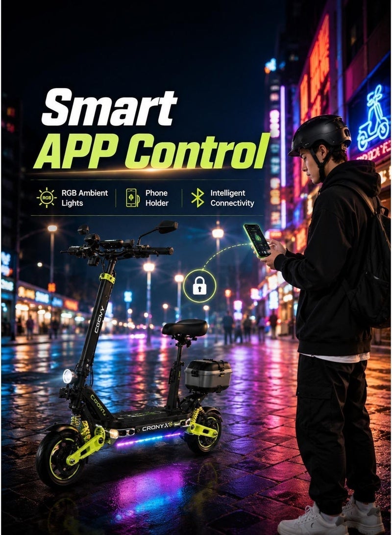 CRONY D2 Dual Motor High-Speed Electric Scooter with Seat, 4000W Peak Power, 48V 18.2Ah Battery, Up to 70KM/H, 3 Speed Modes, Dual Suspension, APP Control, RGB Ambient Lights, Rear Storage Box, Phone Holder, Rearview Mirrors, Dual Drive, Foldable Adult E-Scooter for City Commuting, Off-Road Riding & Long Distance Travel,D2 Dual Motor High speed E-Scooter with APP+Seat - Image 4
