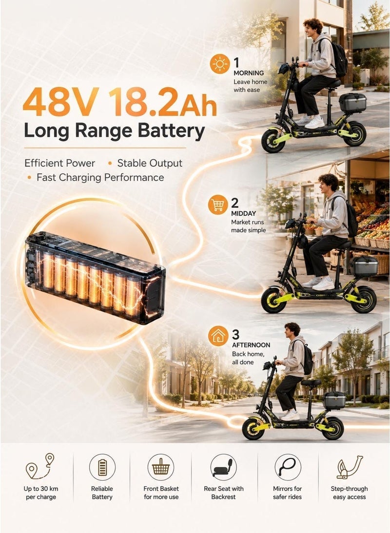 CRONY D2 Dual Motor High-Speed Electric Scooter with Seat, 4000W Peak Power, 48V 18.2Ah Battery, Up to 70KM/H, 3 Speed Modes, Dual Suspension, APP Control, RGB Ambient Lights, Rear Storage Box, Phone Holder, Rearview Mirrors, Dual Drive, Foldable Adult E-Scooter for City Commuting, Off-Road Riding & Long Distance Travel,D2 Dual Motor High speed E-Scooter with APP+Seat - Image 3