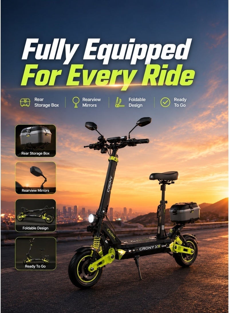 CRONY D2 Dual Motor High-Speed Electric Scooter with Seat, 4000W Peak Power, 48V 18.2Ah Battery, Up to 70KM/H, 3 Speed Modes, Dual Suspension, APP Control, RGB Ambient Lights, Rear Storage Box, Phone Holder, Rearview Mirrors, Dual Drive, Foldable Adult E-Scooter for City Commuting, Off-Road Riding & Long Distance Travel,D2 Dual Motor High speed E-Scooter with APP+Seat - Image 5