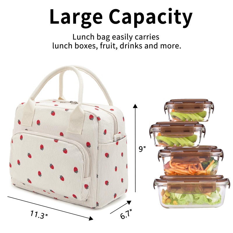 OYLOLA Lunch Bag Women Lunch Box for Women Adult Cute Insulated Lunch Bag Lager Cooler Lunch Tote Bags for Work Picnic (Light Yellow-Strawberry) - Image 3