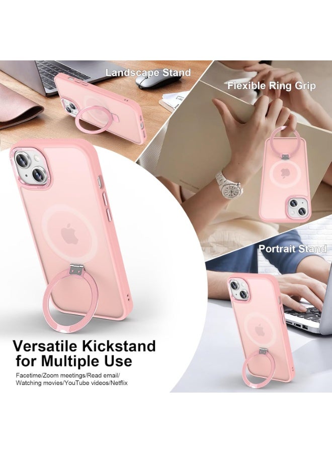 Magnetic for iPhone 13/14 Case with Ring Stand, [10 FT Drop Protection] [Velvety Touch] Slim Translucent Matte Back Shockproof Phone Case for iPhone 13/14 6.1'', (Pink) - Image 5